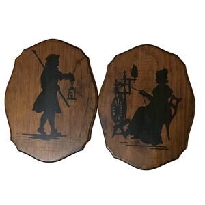 Vintage Wood Black Silhouette Couple Wall Hanging Plaques Farmhouse Rustic 13"